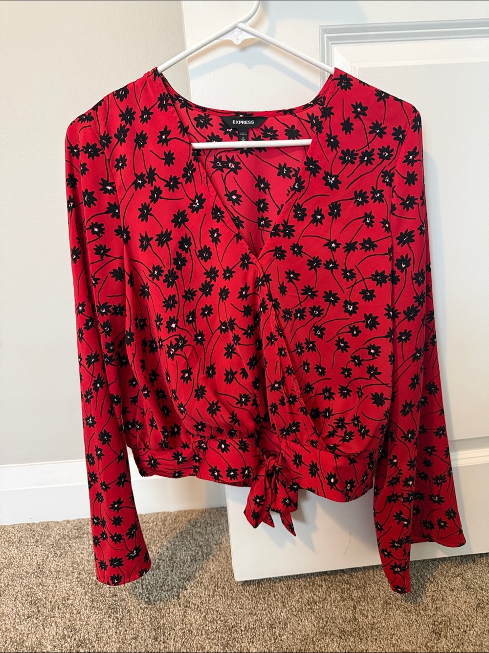 Express Red Floral Tie-Front Blouse with Black Print